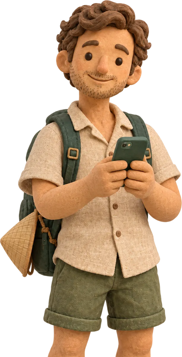 Gliniany podróżnik z plecakiem, w stożkowym kapeluszu, patrzy w telefon