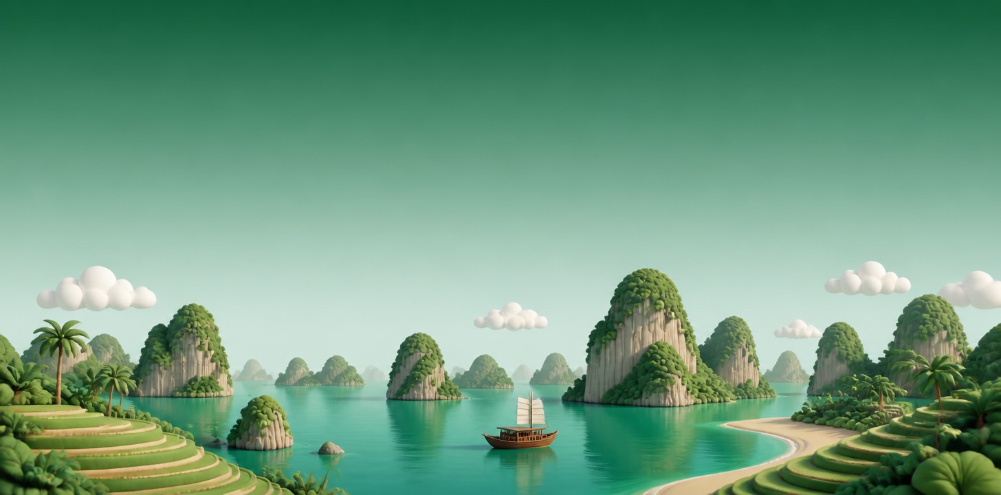 Halong-Bucht als Tonmodell: Kalksteinfelsen, grünes Wasser und Reisterrassen
