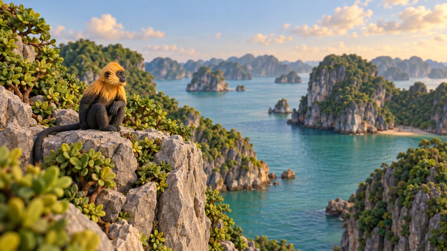 Một con voọc đầu vàng ngồi trên vách đá vôi phía trên vịnh đầy đảo karst
