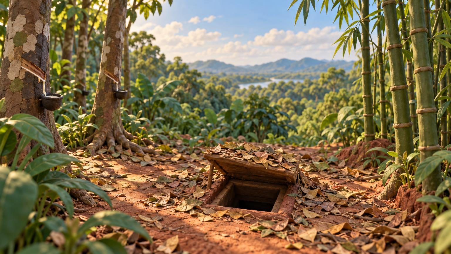 Eingang der Cu-Chi-Tunnel auf einer Dschungellichtung mit geöffnetem Deckel, Tonmodell