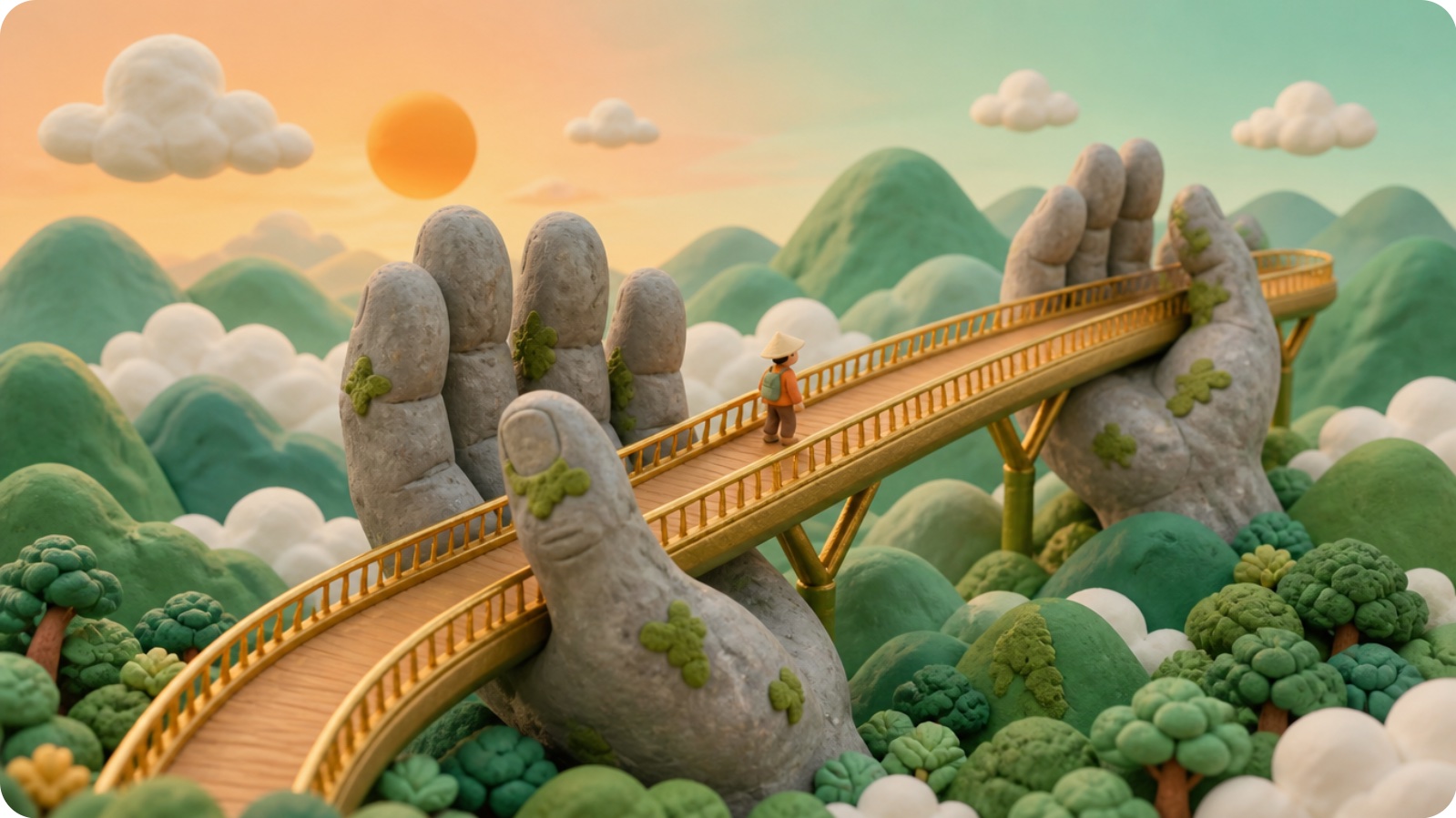 Goldene Brücke in den Ba Na Hills bei Da Nang, von zwei Steinhänden getragen, Tonmodell