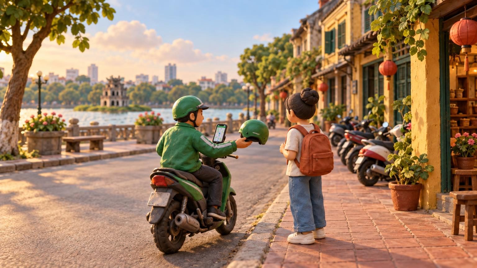 穿綠色外套的騎士把備用安全帽遞給背著背包等候的乘客