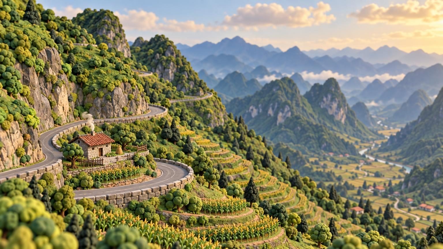 河江蜿蜒折返的山路,黏土模型