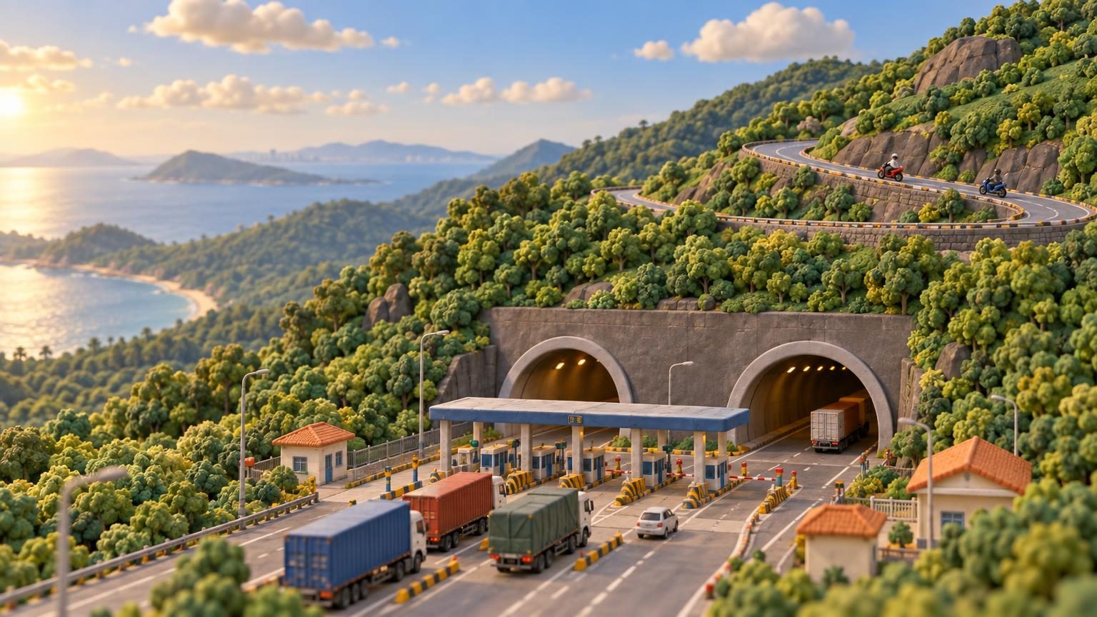 Zwei Tunnelportale unter einem bewaldeten Grat, Lastwagen an einer Mautstelle und darüber eine leere Serpentinenstraße