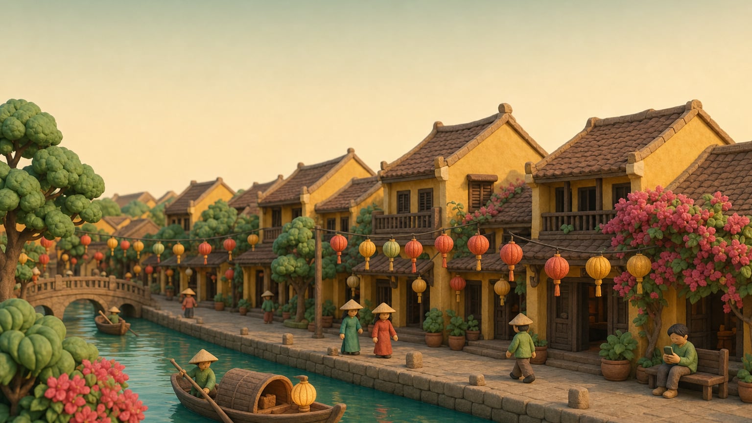 Altstadt von Hoi An in der Dämmerung mit Papierlaternen über dem Fluss, Tonmodell
