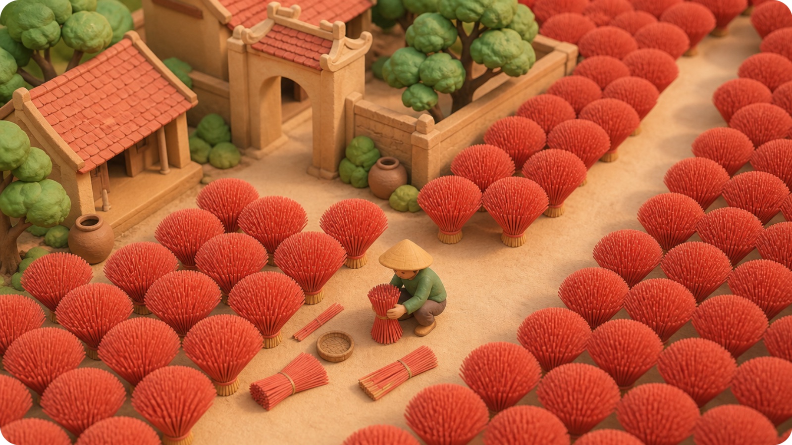 Làng hương Quảng Phú Cầu gần Hà Nội với những bó hương đỏ, mô hình đất sét