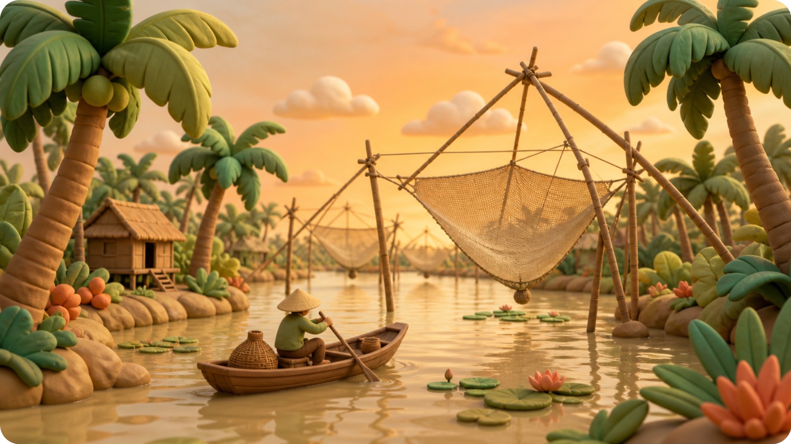 Hebenetze und ein Holzboot im Mekong-Delta zur goldenen Stunde, Tonmodell