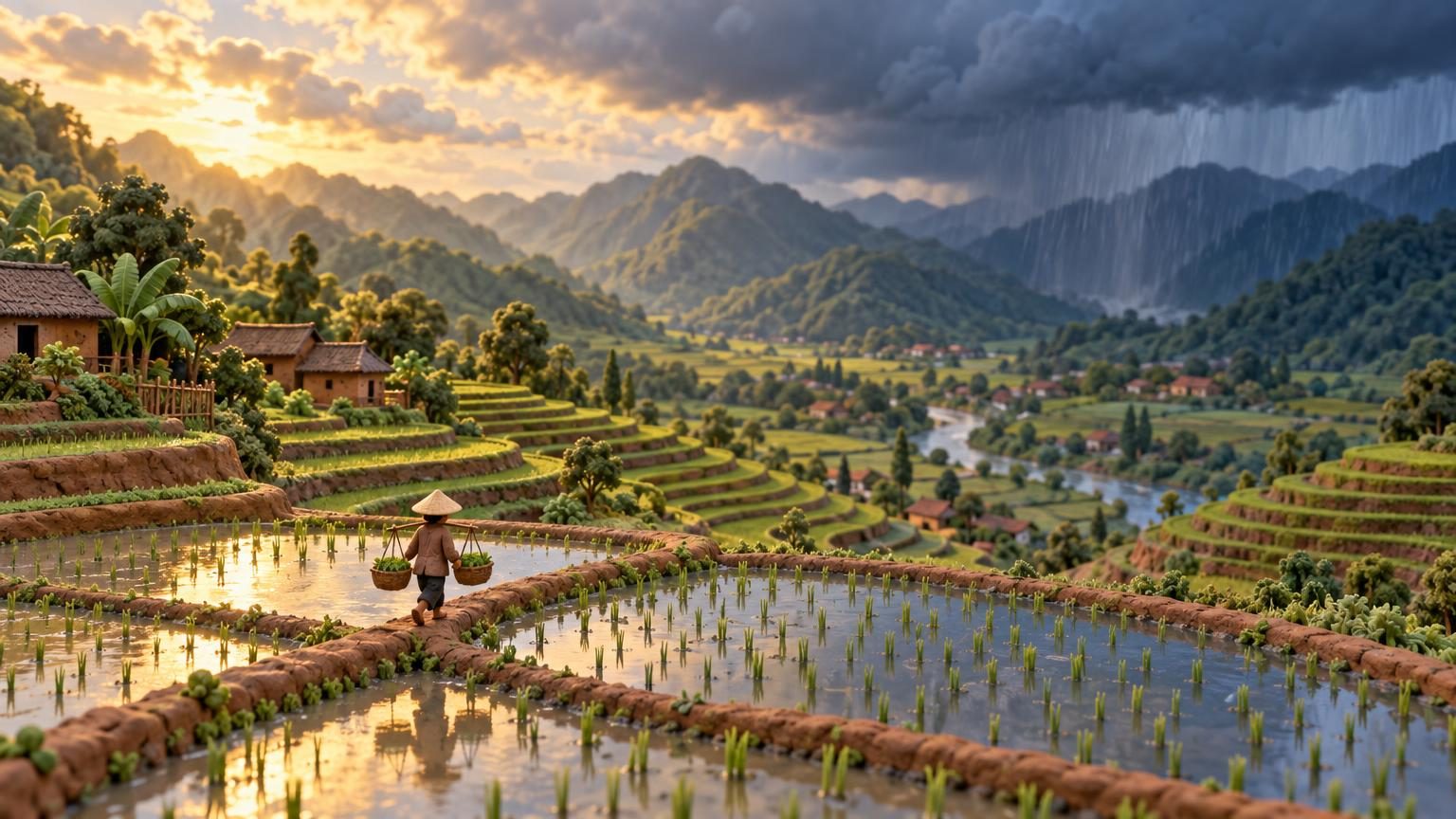 雨季天空放晴時越南北部的梯田,黏土模型
