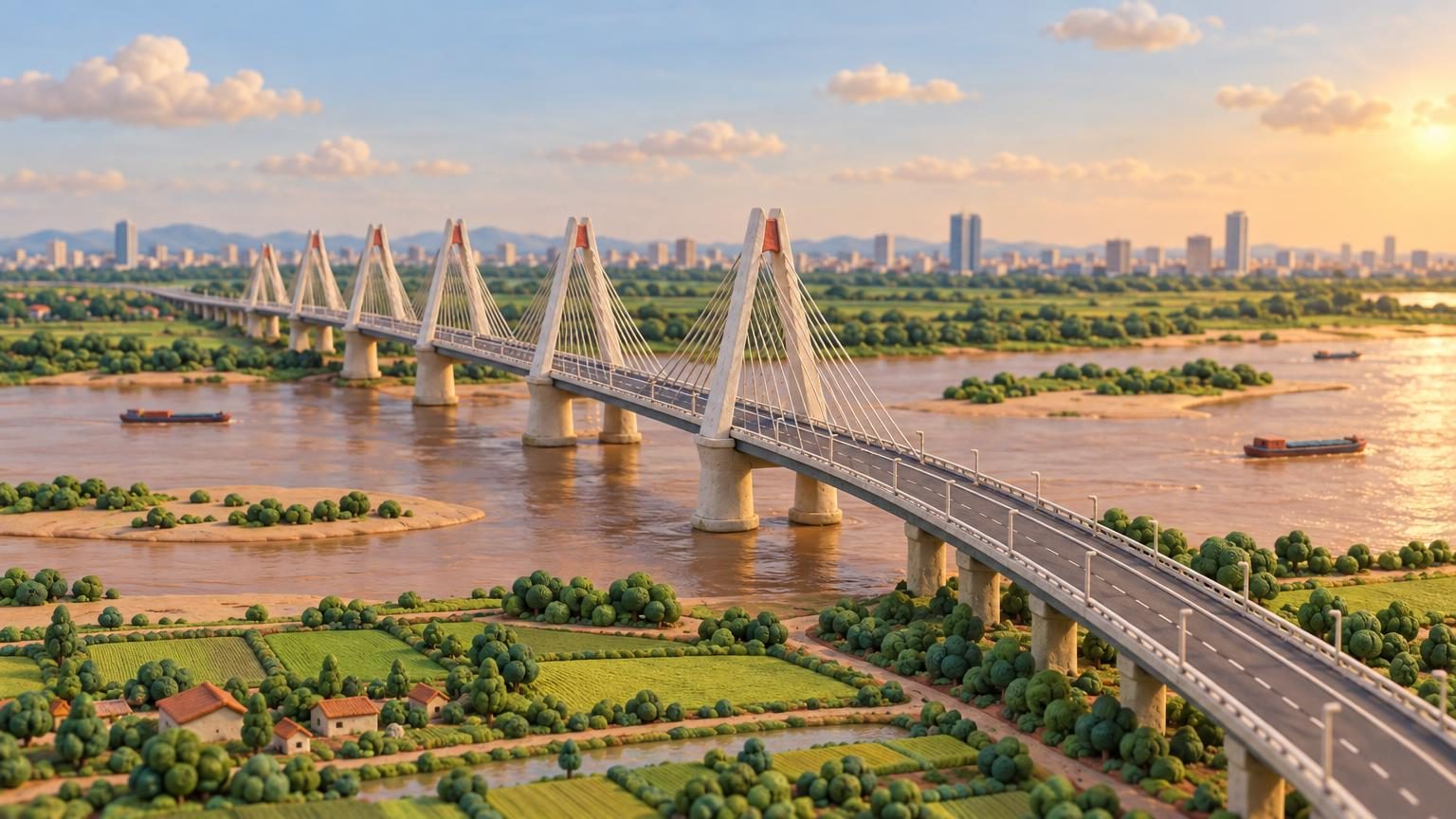 河內近郊跨越紅河的日新斜張橋，黏土模型
