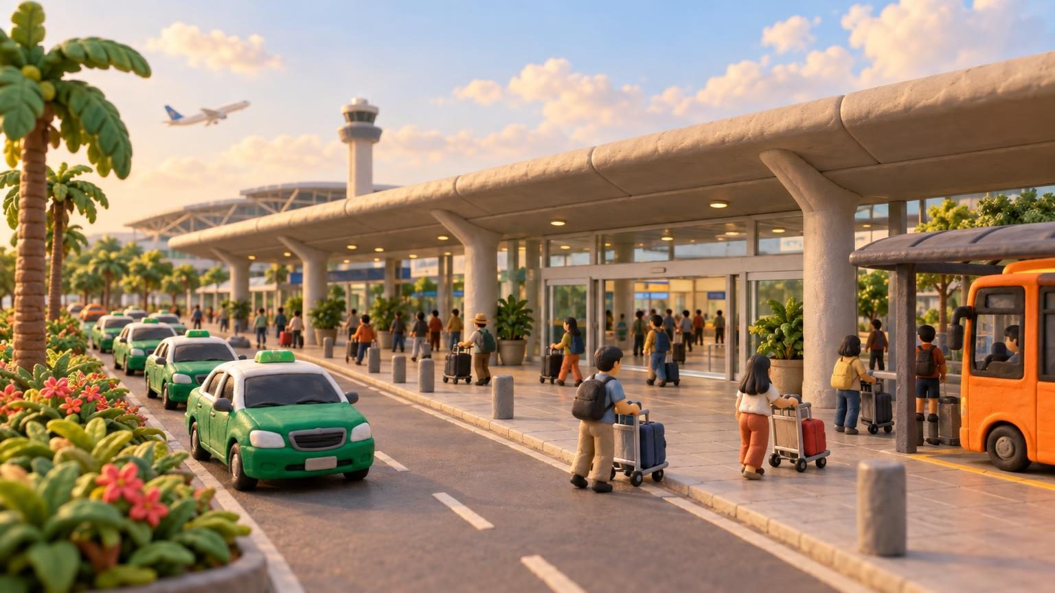 노이바이 공항 도착층 보도. 한쪽에는 택시 승강장, 반대쪽 정류장에는 주황색 시내버스
