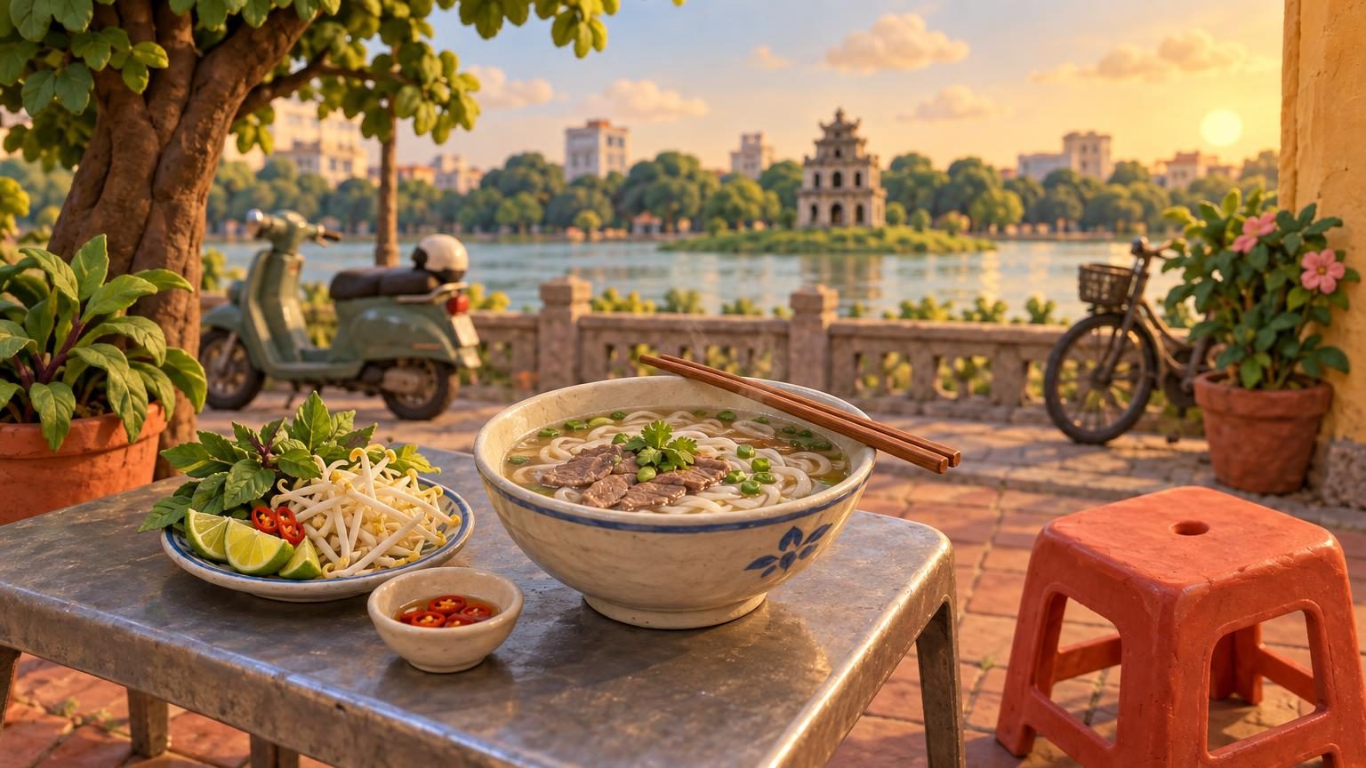 配上香草、萊姆與豆芽的河粉，黏土模型
