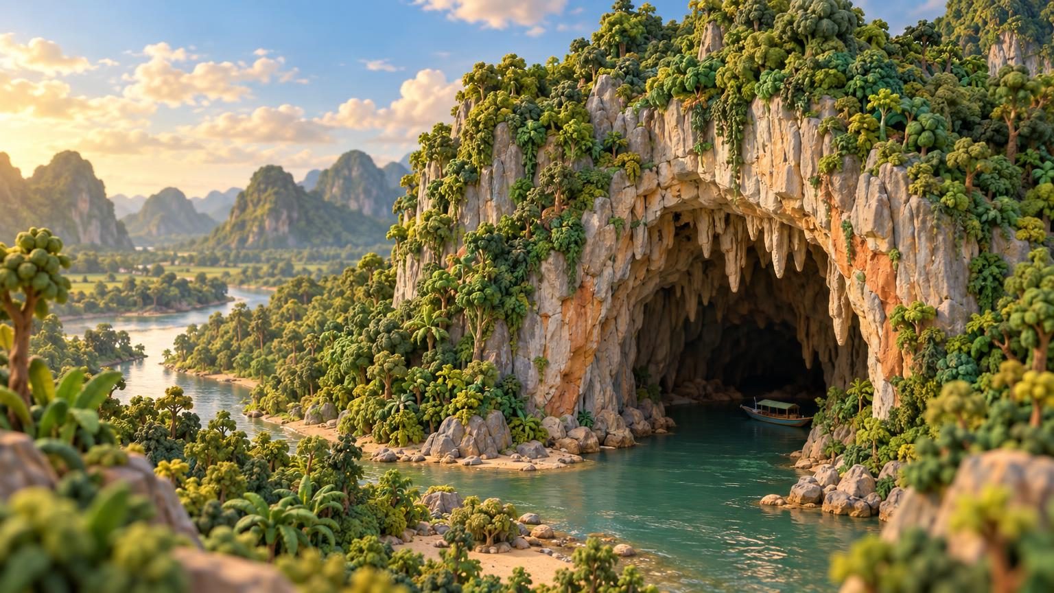 Mund einer Kalksteinhöhle in Quang Binh, aus der ein Fluss fließt, Tonmodell