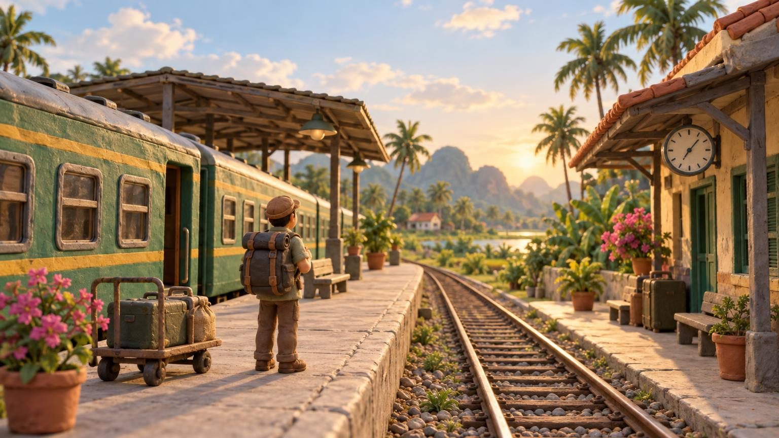 站在越南火車月台上的背包旅人，黏土模型