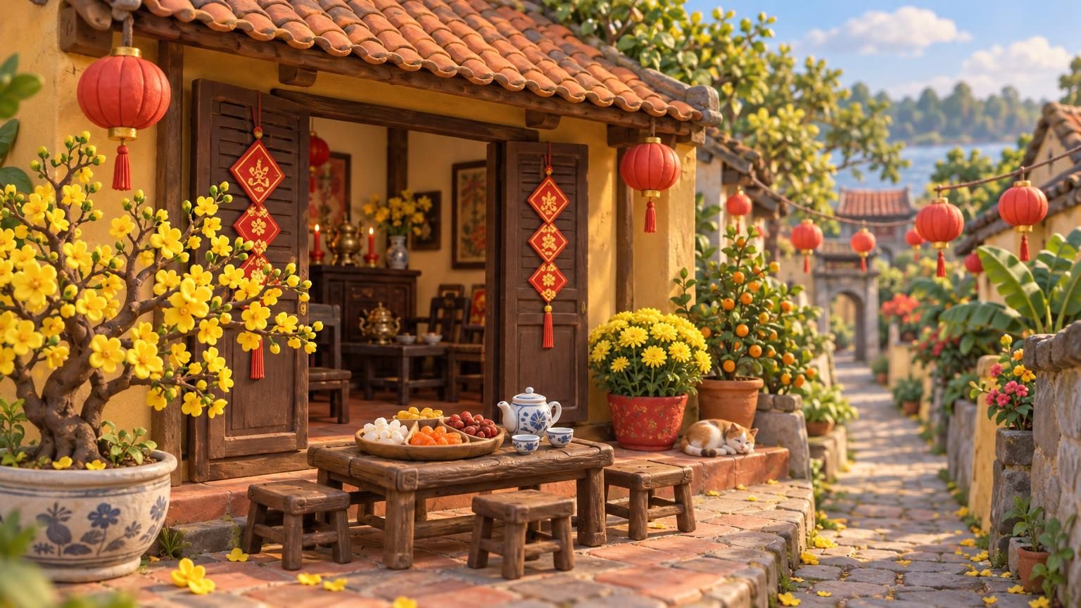 春節時掛著紅色裝飾、擺著黃梅枝的住家門面，黏土模型