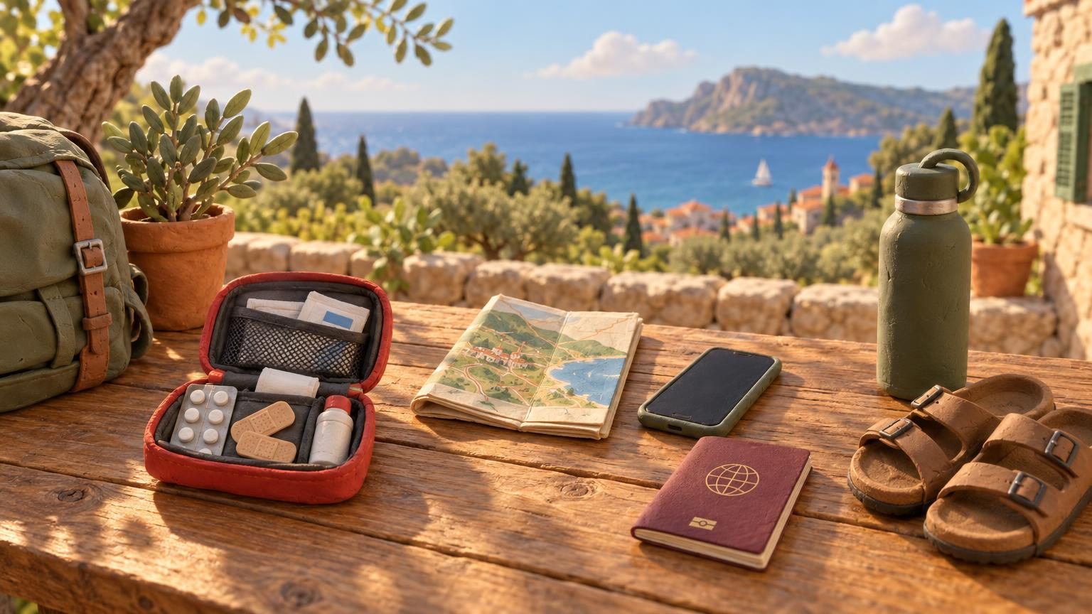 桌上的旅行用品：急救包、護照、手機與皮夾，黏土模型