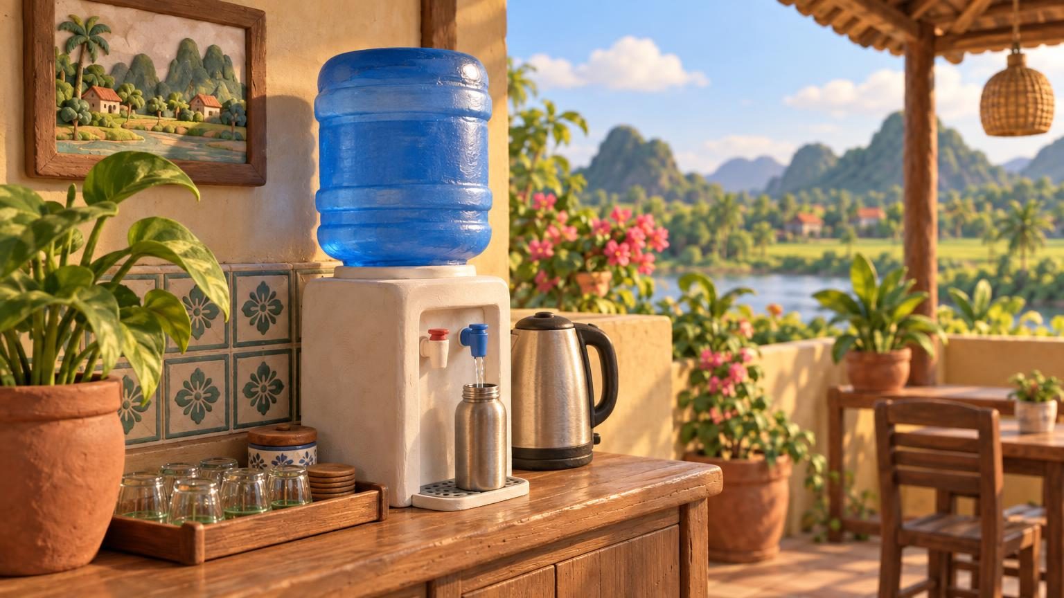 Eine Zwanzig-Liter-Flasche auf einem Spender neben einem Wasserkocher, eine Mehrwegflasche wird gefüllt